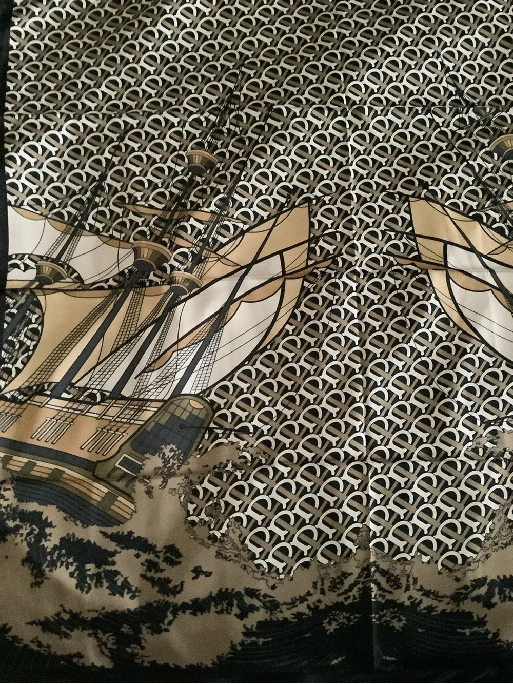 Oversized 35x35 Satin Scarf Sailing Ship Nautical Print Black Beige NWOT
